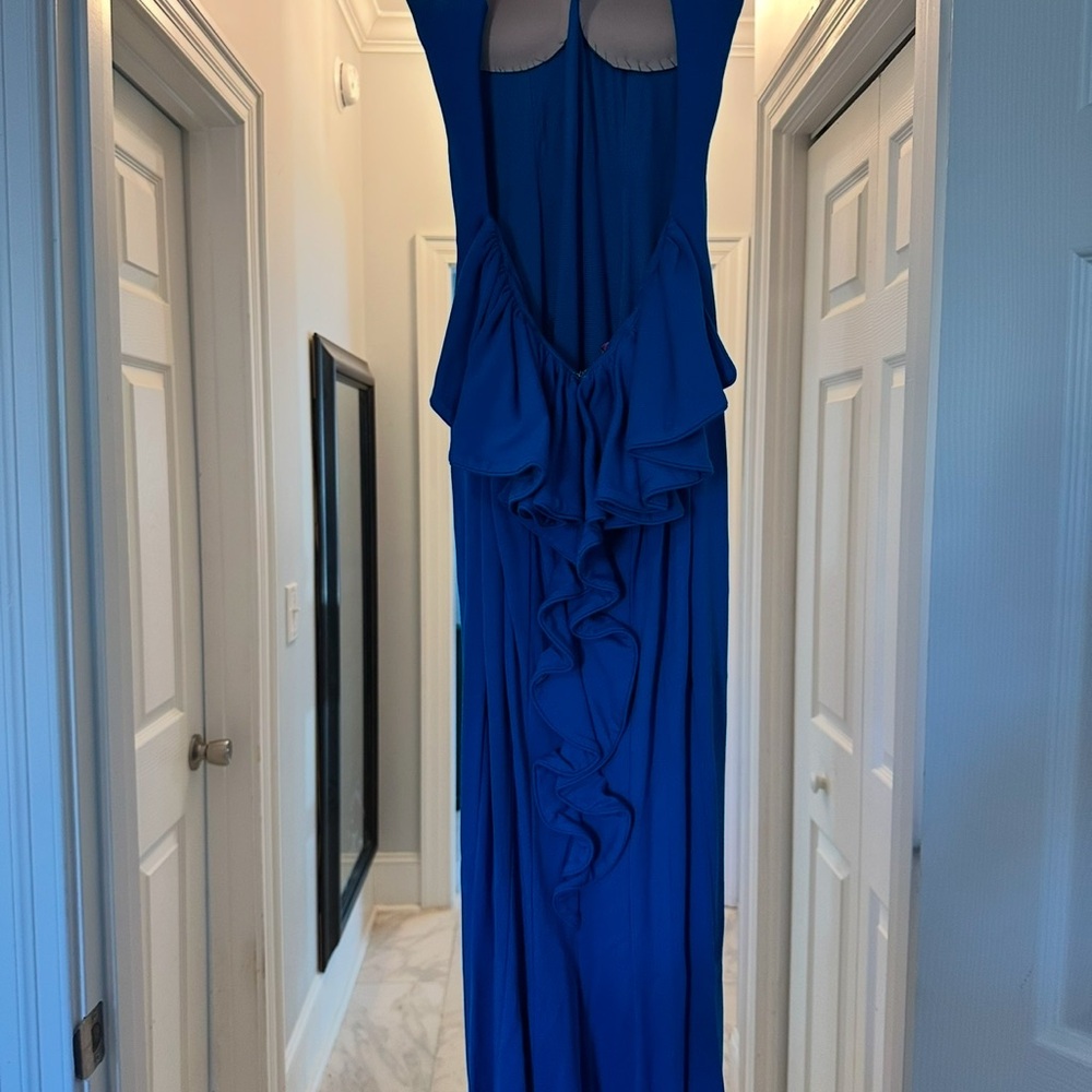 Jovani Blue Ruffled Backless Gown for Cocktail